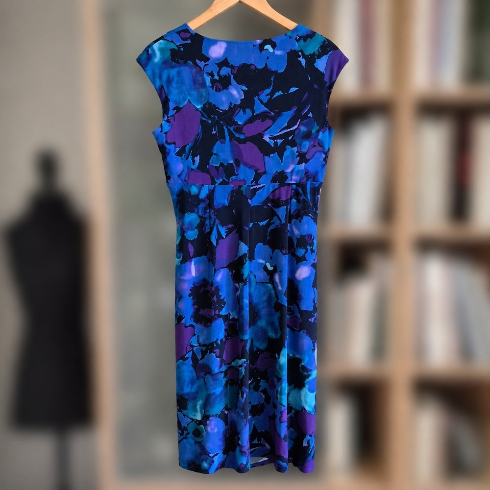 Lauren Ralph Lauren Blue Purple Abstract Floral Ruched Sheath Dress Size 10 - Picture 2 of 11